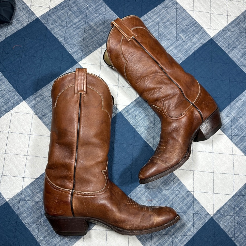 70s Tony Lama Cognac Brown Leather Western Cowboy Boots Made in USA Size 9 VTG - Picture 3 of 13
